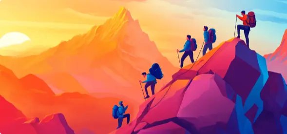 A team hiking up a mountain, illustration