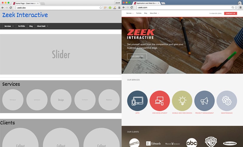 Side by side image of wireframe site compared to finished site
